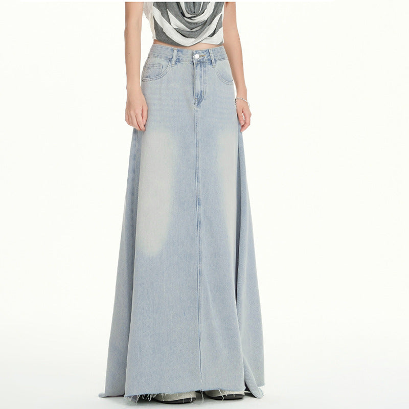 Style High-Waisted Flowy Denim Skirt Women's Spring Summer Frayed Hem Flared Denim Skirt