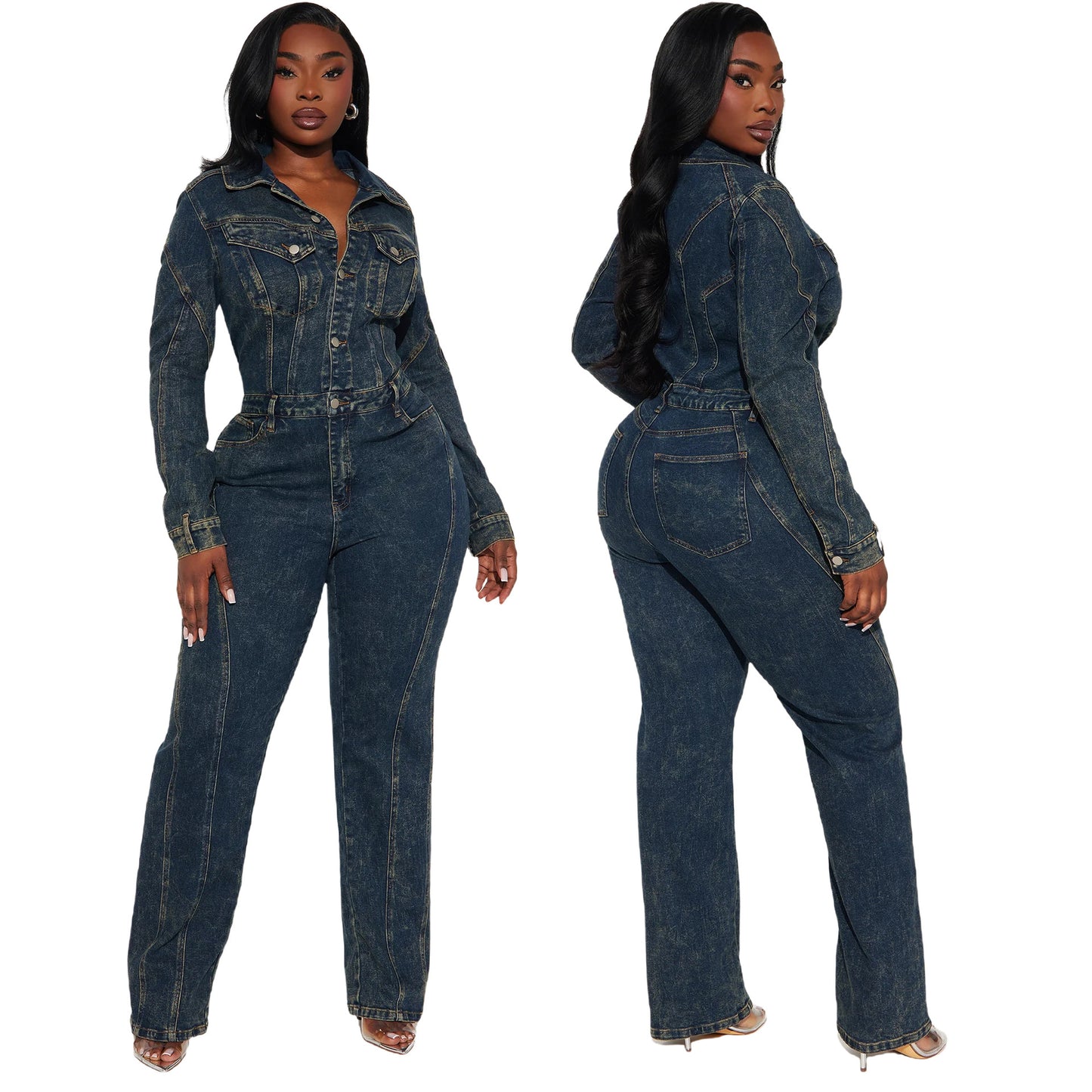 Loose elastic long sleeved denim jumpsuit