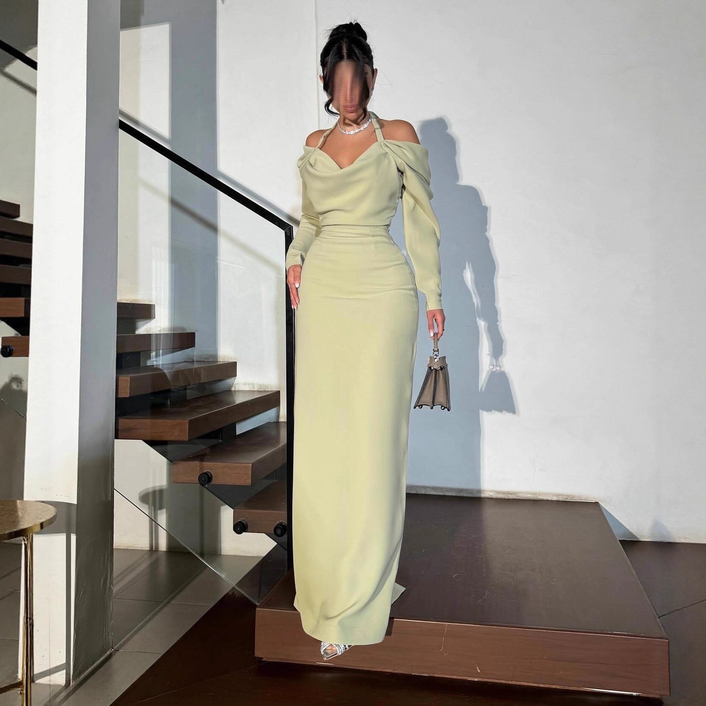 Sexy One-Shoulder Halter Neck Tie-Up Long Sleeve Party Dress