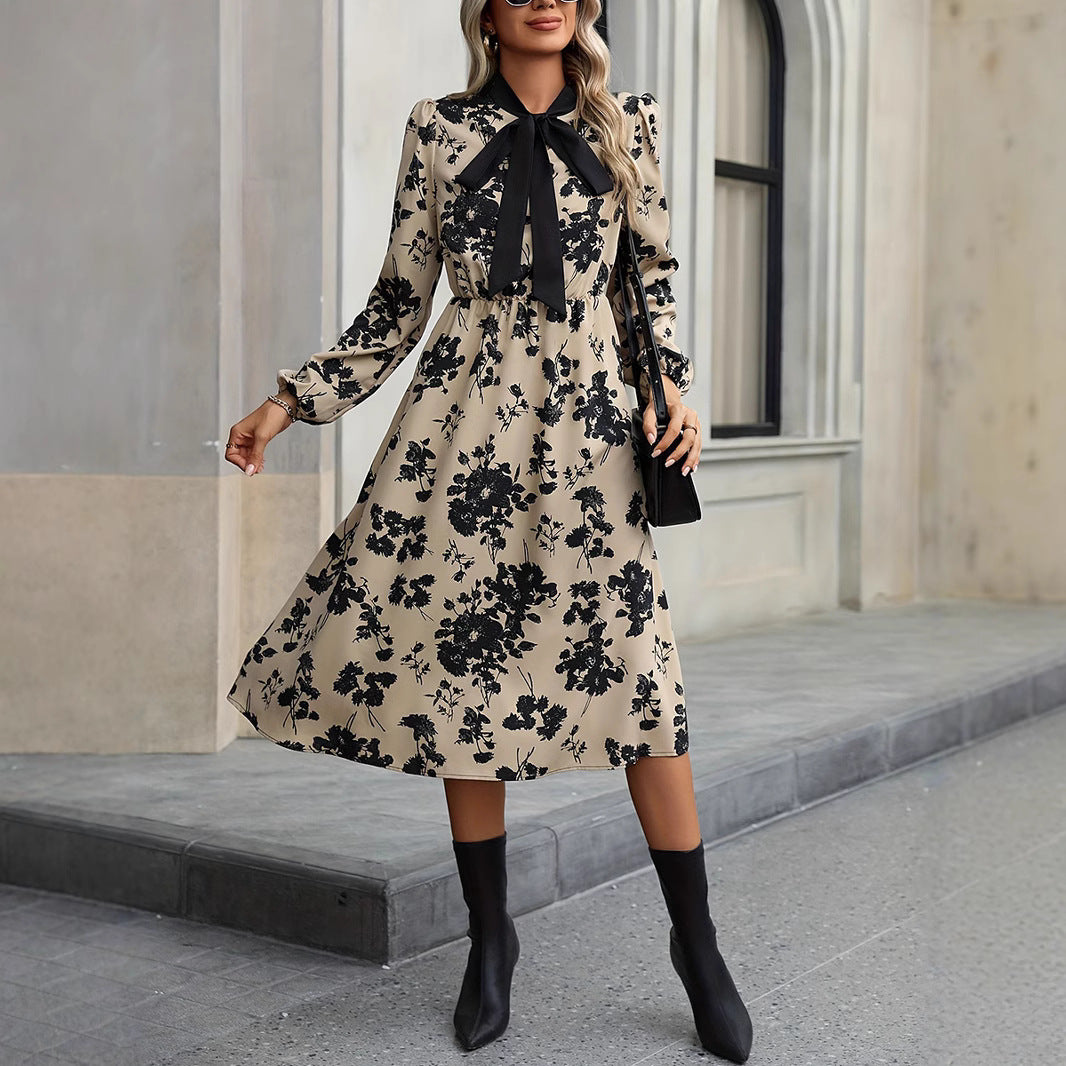 Floral long sleeved collar tied A-line skirt dress
