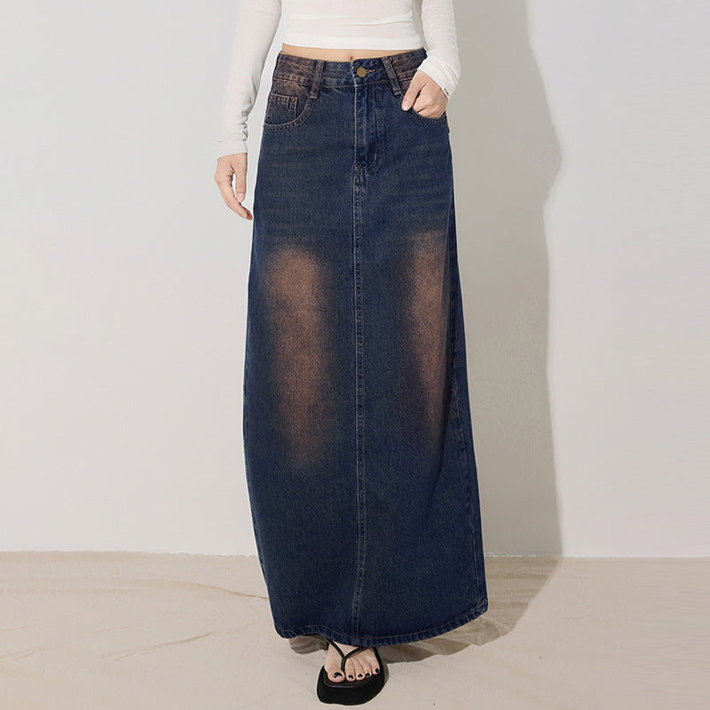 Sensational Versatile Personalized Denim Midi Skirt Women Spring Slimming Heightening Denim Long Skirt