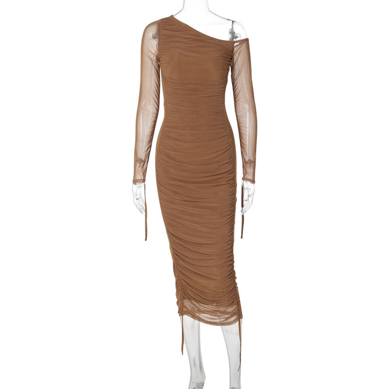 Style Women's Long Sleeve Mesh Splicing Off-Shoulder Midi Dress Fashion Pleated Dress