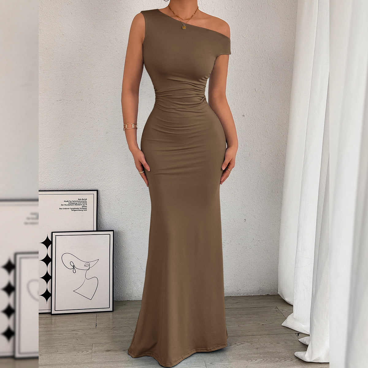 Women' Oblique Shoulder Neckline Waist Pleated Sleeveless Sexy Dress