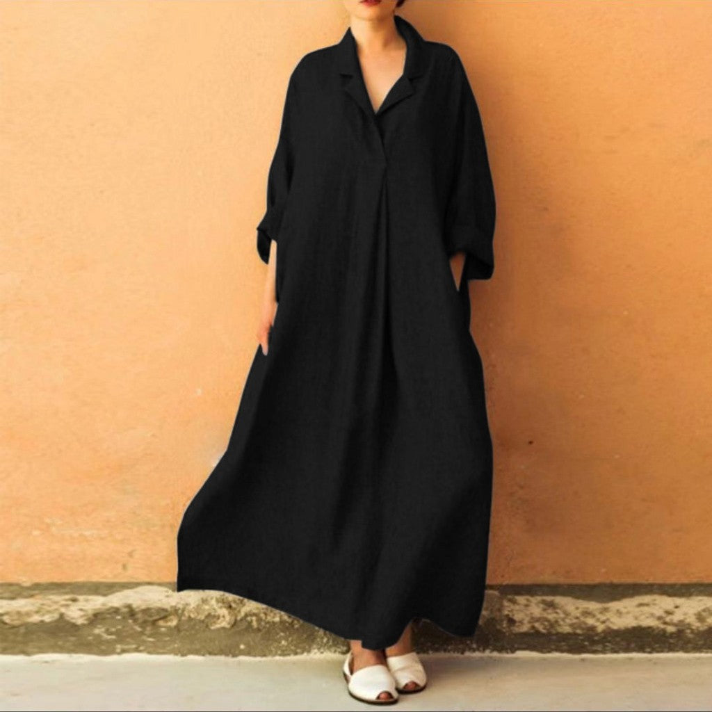 Women's Long Sleeve Loose Plus Size Shirt Dress Bohemian Ankle-Length Dress