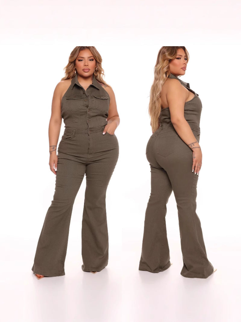 Women's denim high stretch sexy backless lapel workwear pants