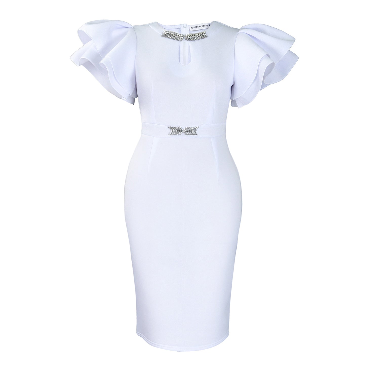 Round neck lotus leaf sleeve nail diamond wrapped hip dress