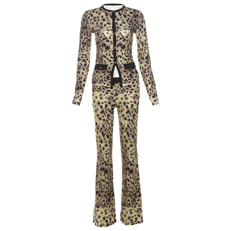 Round neck button contrasting cardigan long sleeved high waisted slim fit pants set