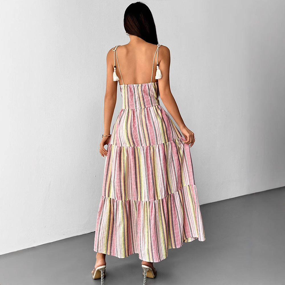 Stripe Charm Strapless Spliced Flared Long Dress for Women
