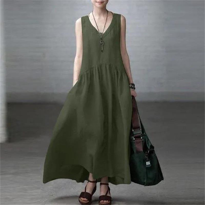 Women's Long Dress Loose Pleated Fashion Sleeveless Solid Color Backless Cotton Linen Dress