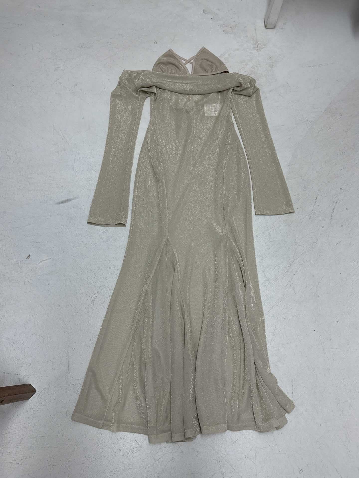 Style Golden Glitter Two-Piece Dress with Micro-Transparency, Sexy Backless Tied Evening Gown Long Skirt