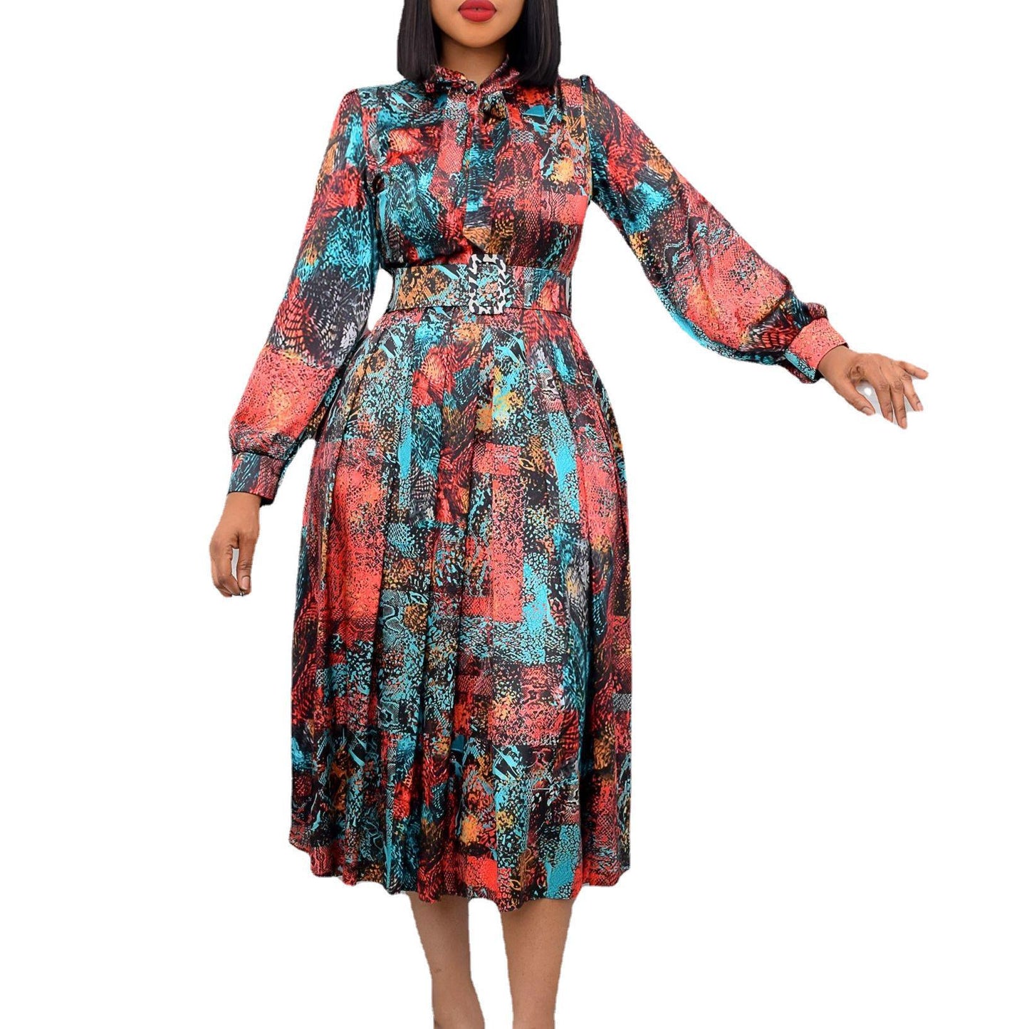 Long Sleeve High Waist Printed Plus Size Banquet Dress with Belt