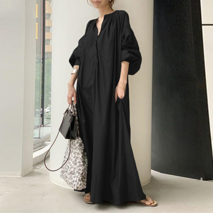 Solid Color Cotton Linen Loose Lantern Sleeve Flared Dress