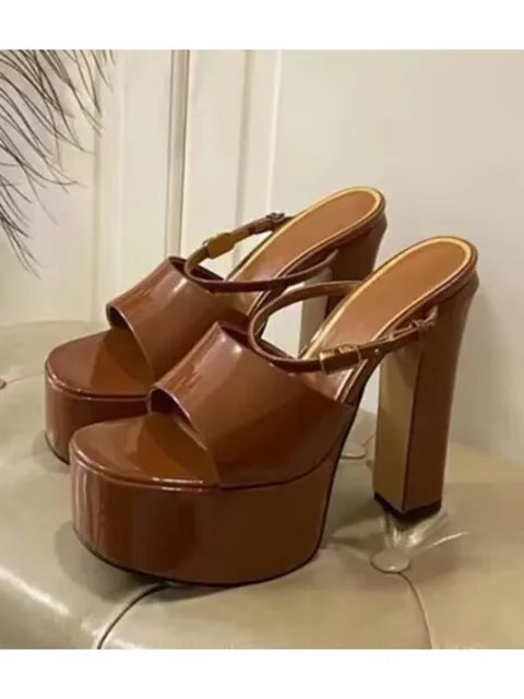 Summer New Women's High-heeled Thick Sole Waterproof Platform Patent Leather Women's Slippers Fashion Thick High-heeled Slippers