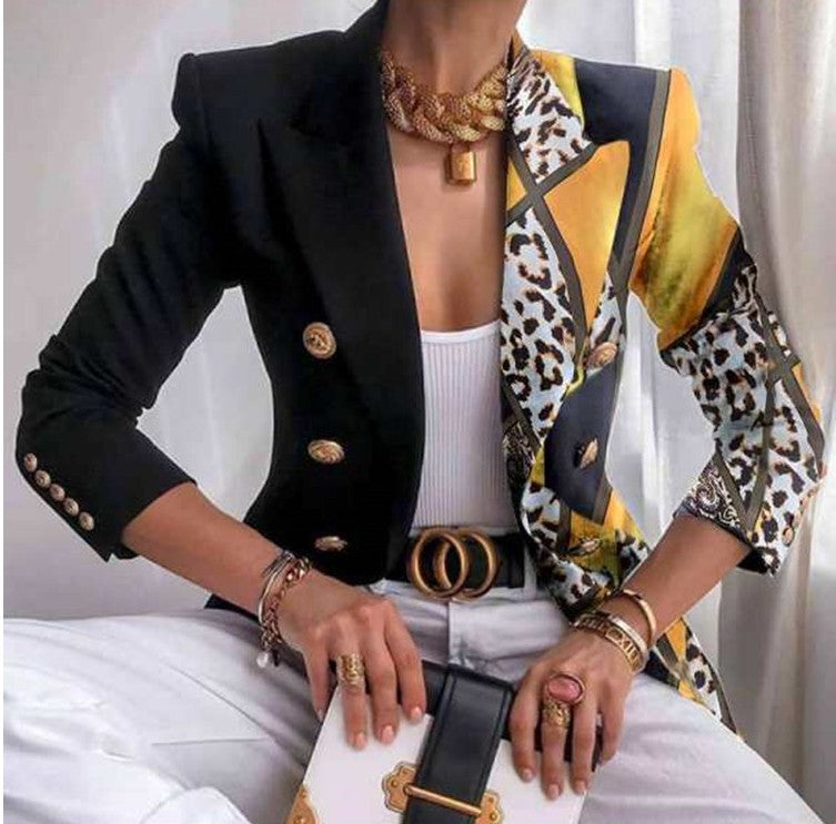 Fashion Style Pattern Style +Sleeve Length Closure Type Silhouette Type of Clothing Print Long Sleeve Double-Breasted Fitted Short Women's Blazer
