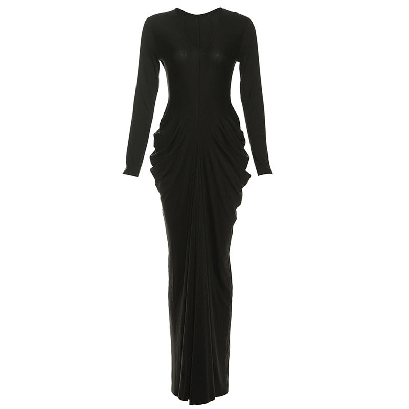 Wrinkled temperament long sleeved sexy waist cinched V-neck slim solid color dress