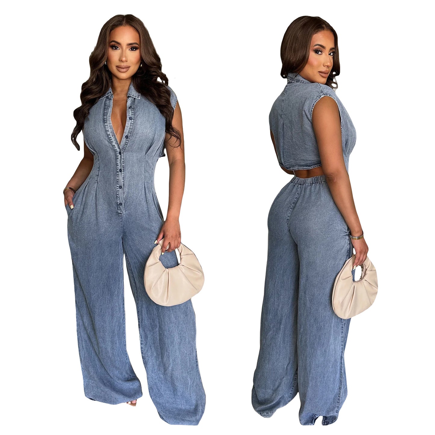 Slim fit elastic straight tube loose jumpsuit
