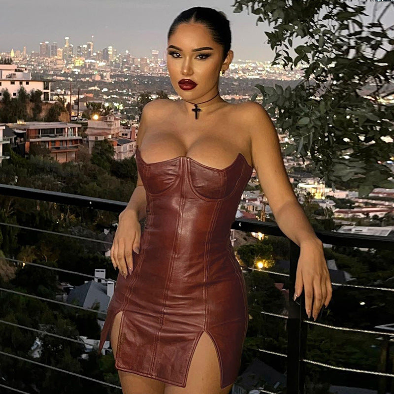 Strapless tight fitting hip hugging sleeveless backless dress