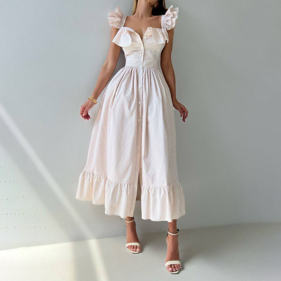 Commuting Leaf Hem Striped Dress with Double Design at Collar and Cuff for Women Summer