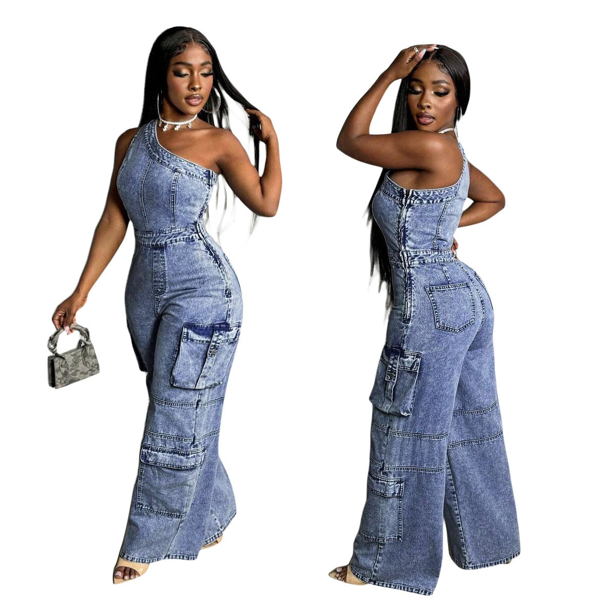 Slanted shoulder tight waist slim fit elastic wash denim jumpsuit