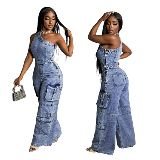Slanted shoulder tight waist slim fit elastic wash denim jumpsuit