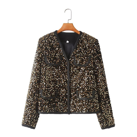 European and American winter new fashionable style round neck long sleeved sequined single breasted jacket for women
