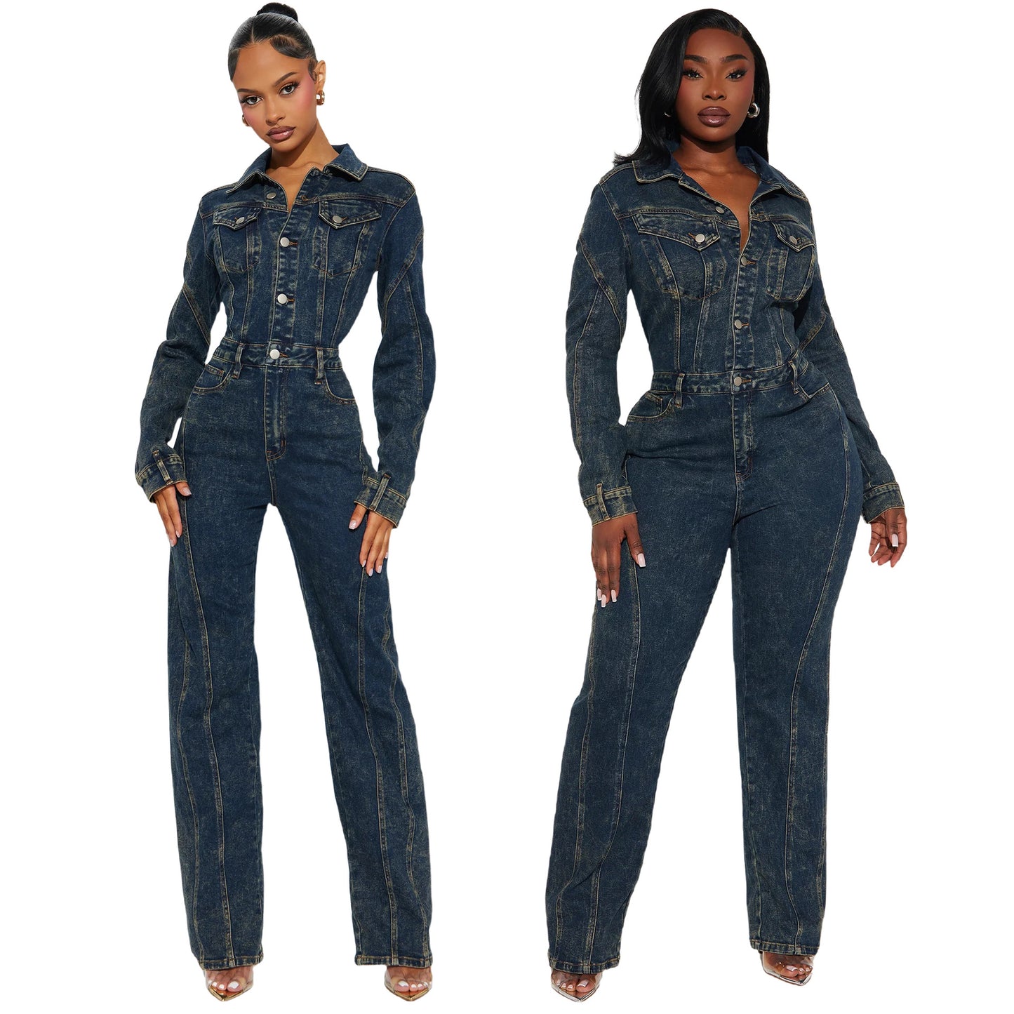 Loose elastic long sleeved denim jumpsuit