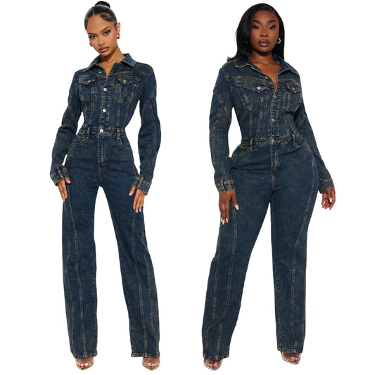 Loose elastic long sleeved denim jumpsuit