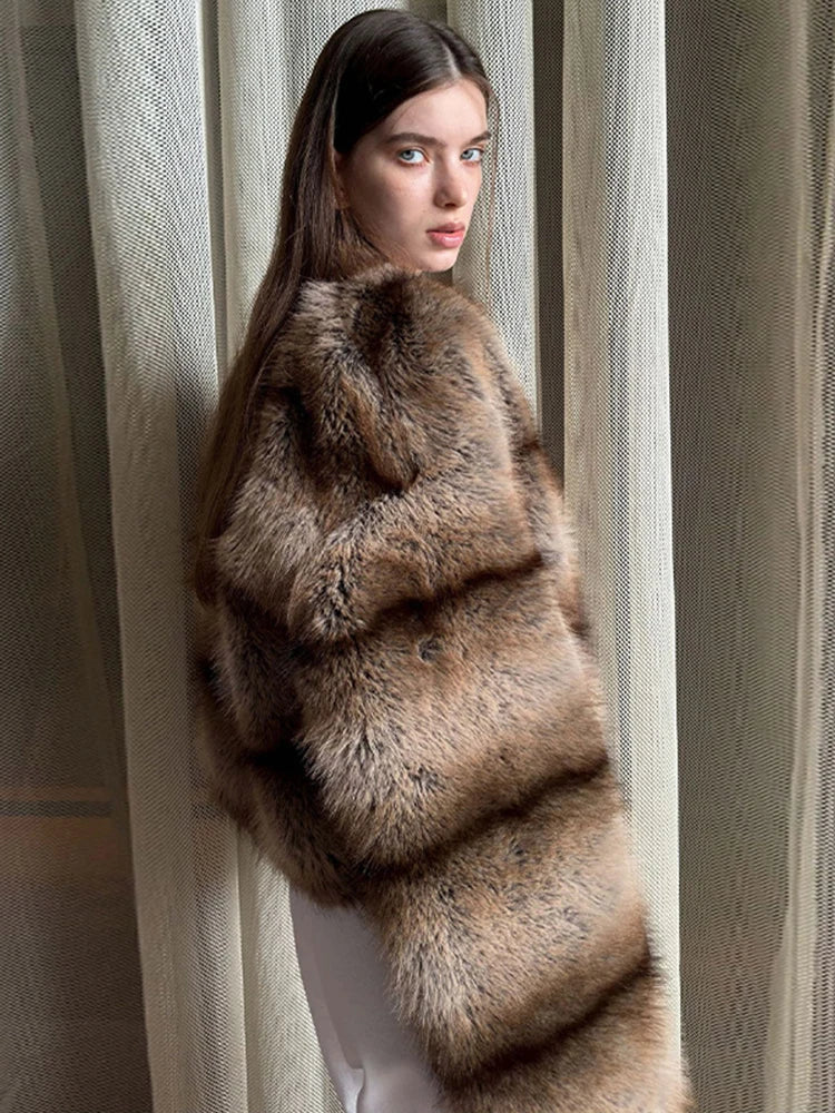 Gradient Striped Faux Mink Fur Coat Maillard Lazy Style Eco-Friendly Long Fur Commute Loose Fashion Warm Women Coats Outwear