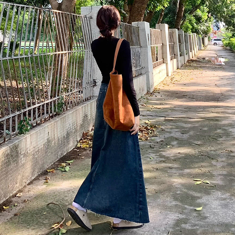 High-Waisted Frayed Denim Skirt Women's Casual A-Line Midi Denim Skirt