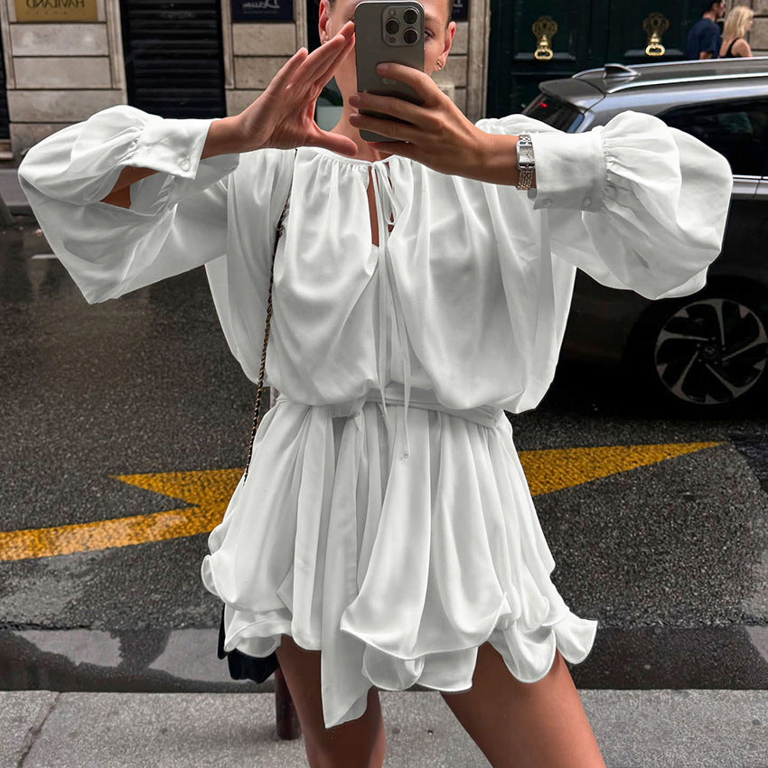 Chiffon Shrink Wrinkle Ruffle Waist Long Sleeve Dress Women's Design Sense Temperament