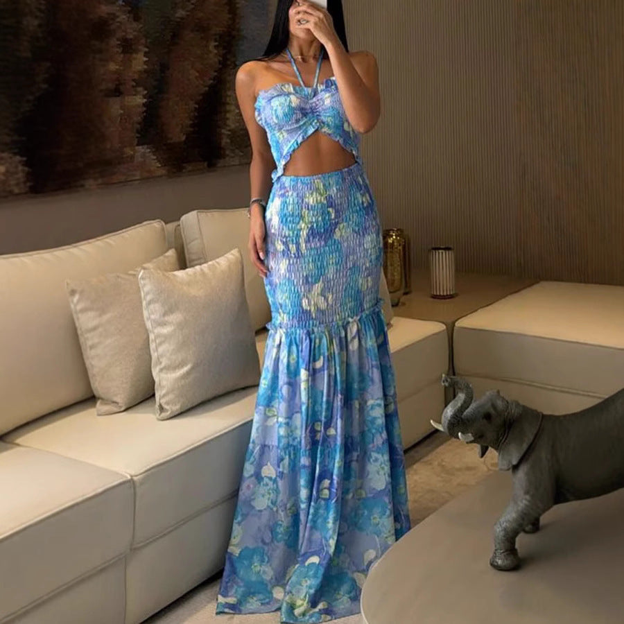 New Arrival Off-the-Shoulder Printed Pleated Dress INS Casual Loose Vacation Dress