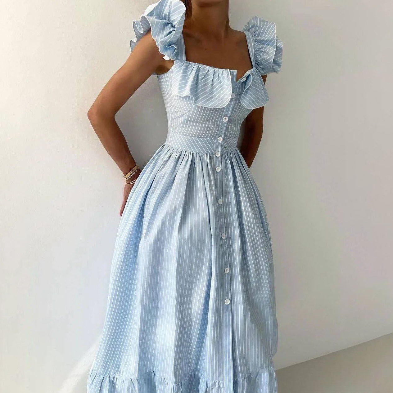 Commuting Leaf Hem Striped Dress with Double Design at Collar and Cuff for Women Summer