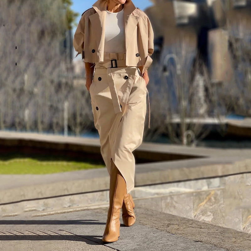 All-match casual work-style button and belt set dress with elegant charm