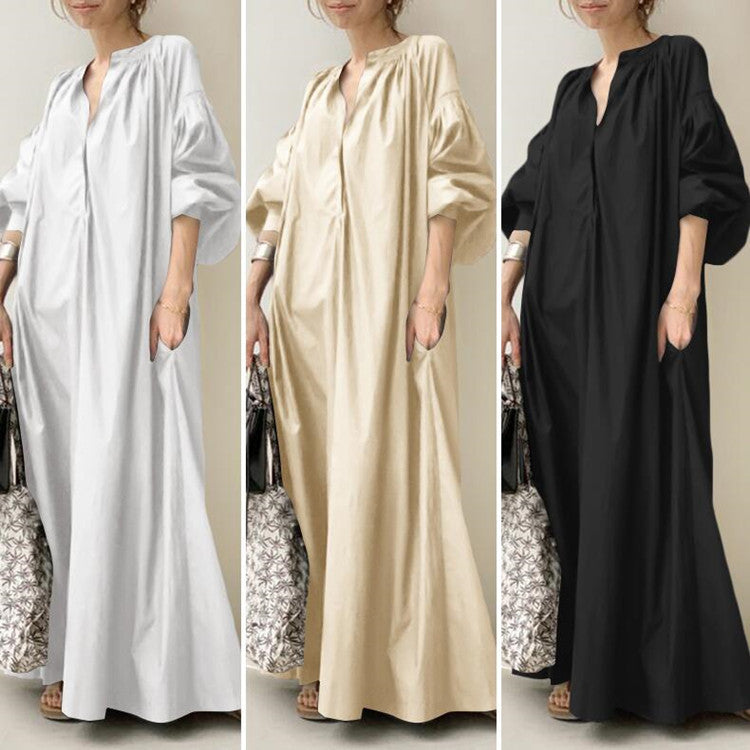 Solid Color Cotton Linen Loose Lantern Sleeve Flared Dress
