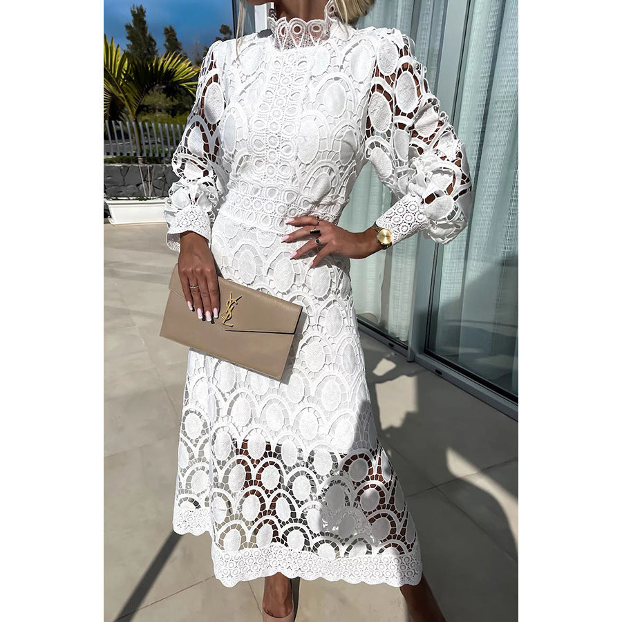 Floral Lace Stand Collar Casual Dress Loose Vacation Zipper Dress