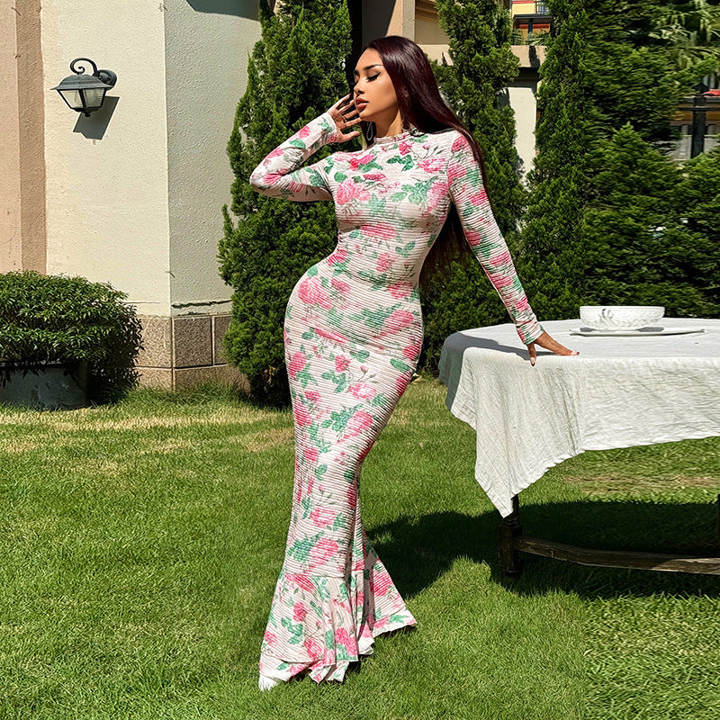 Long Sleeve Fitted Long Floral Dress for Women