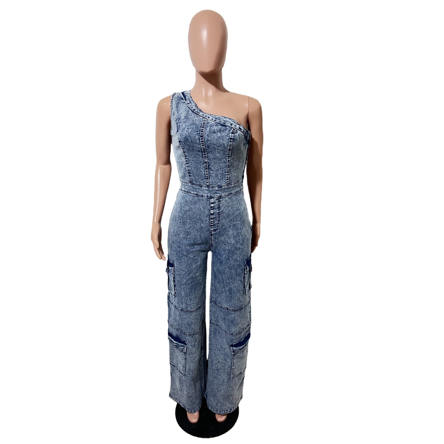 Slanted shoulder tight waist slim fit elastic wash denim jumpsuit
