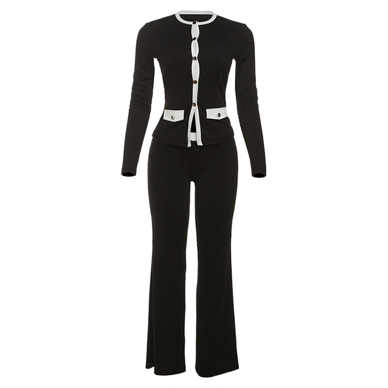 Round neck button contrasting cardigan long sleeved high waisted slim fit pants set