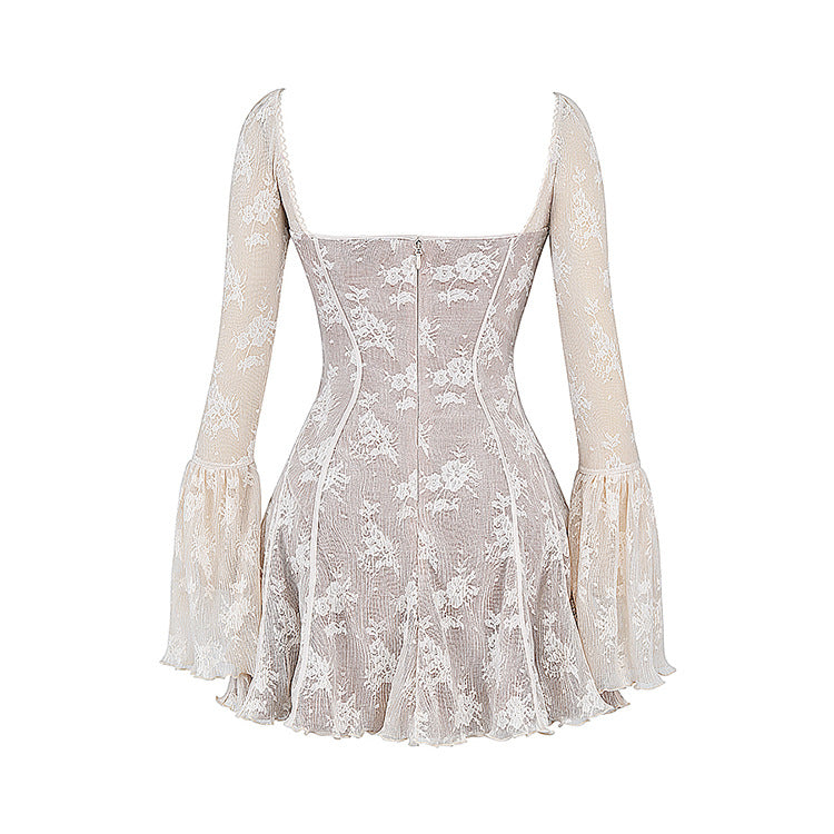 Temperament Lace Square Neck Flared Sleeve Waist-Cinched Bodycon Short Skirt