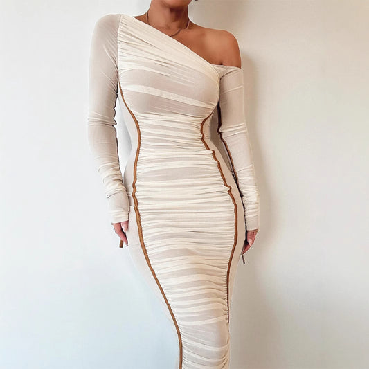 Style Women's Long Sleeve Mesh Splicing Off-Shoulder Midi Dress Fashion Pleated Dress