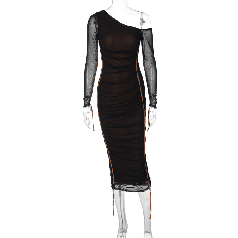 Style Women's Long Sleeve Mesh Splicing Off-Shoulder Midi Dress Fashion Pleated Dress