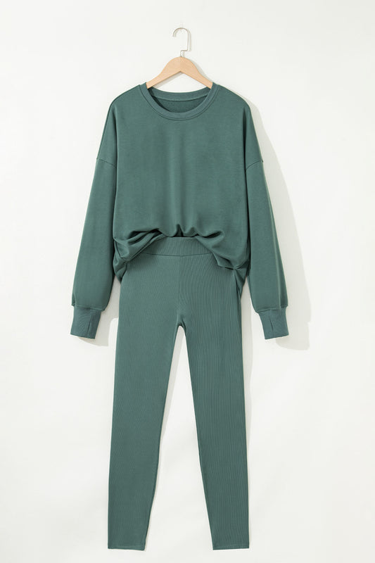 Green Bay Solid Color Oversize Slit Sweatshirt Ribbed Leggings 2pcs Set
