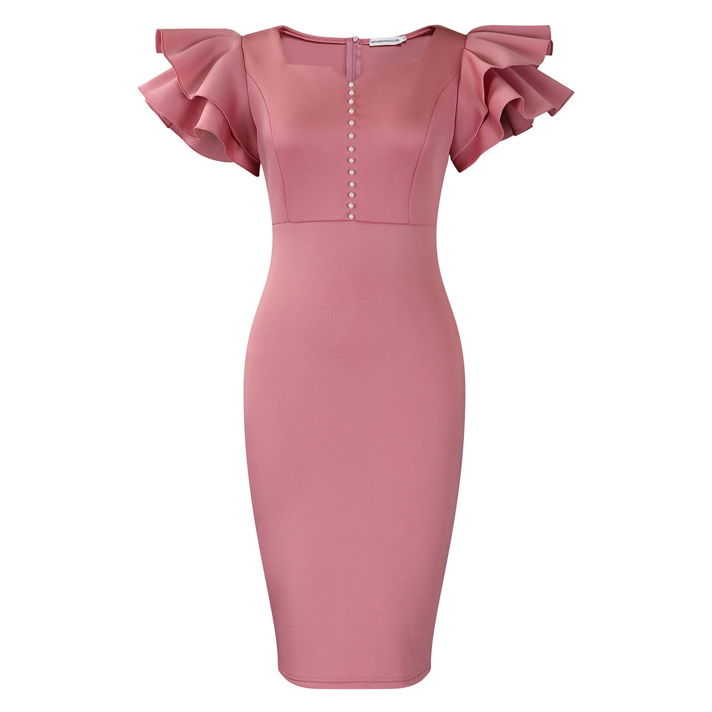 Women's Beaded Ruffle Sleeve Fitted Banquet Dress