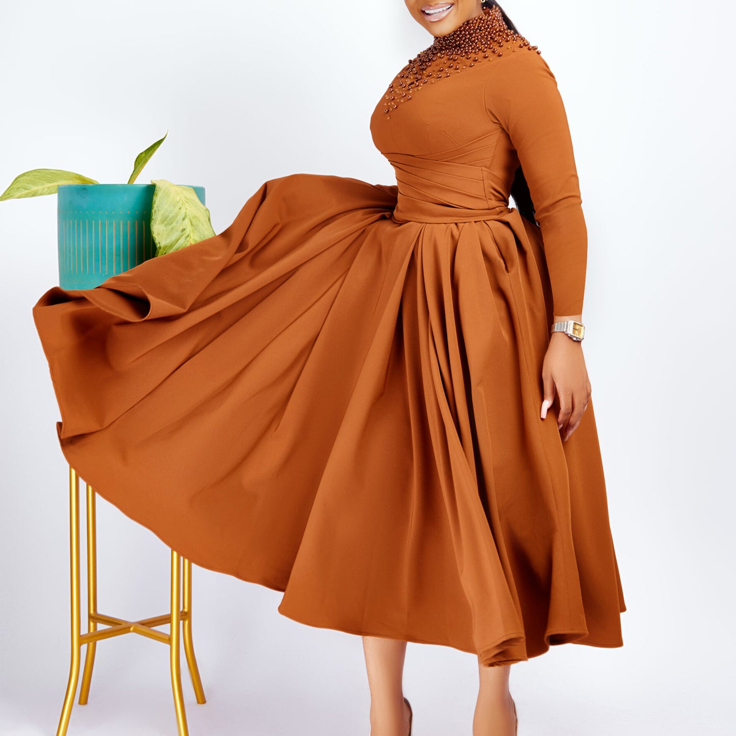 High Neck Flared Dress with Waist Gathering for Women