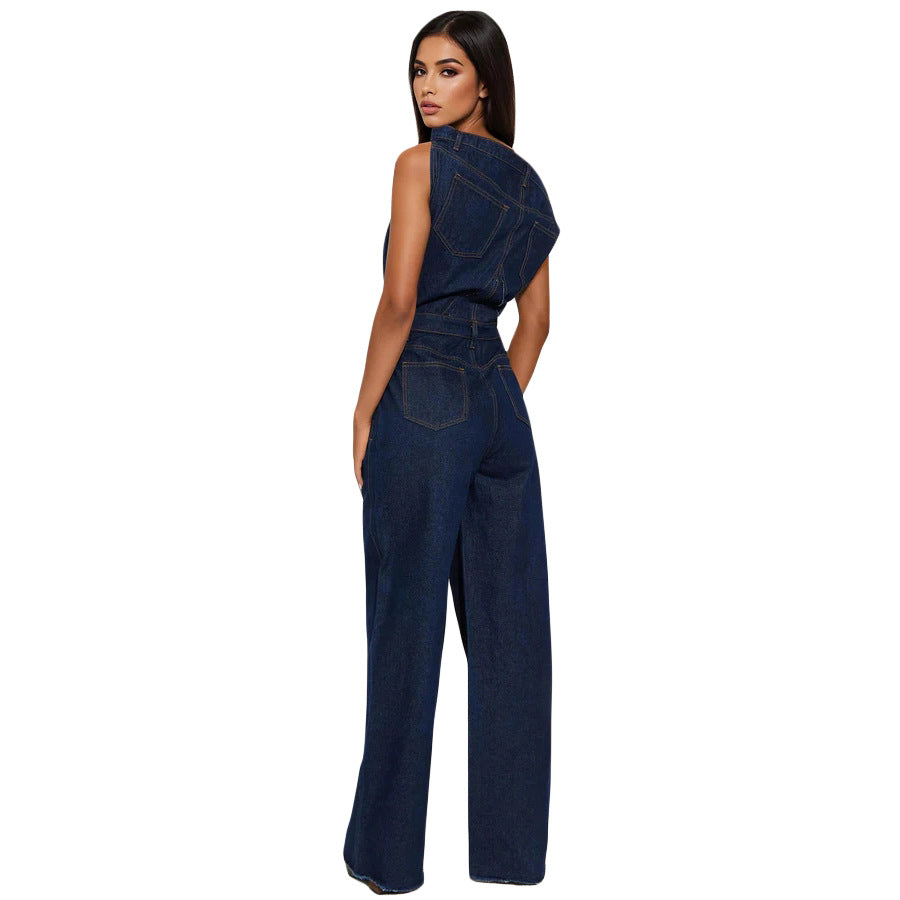 Strapless one shoulder slim fit denim jumpsuit