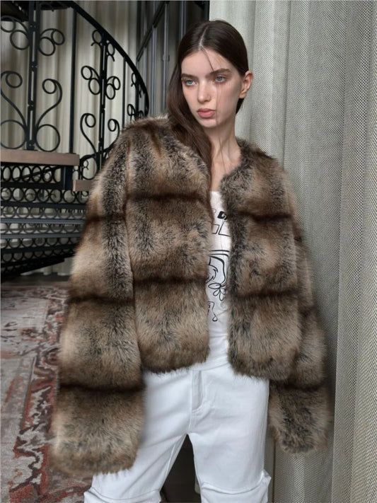 Gradient Striped Faux Mink Fur Coat Maillard Lazy Style Eco-Friendly Long Fur Commute Loose Fashion Warm Women Coats Outwear