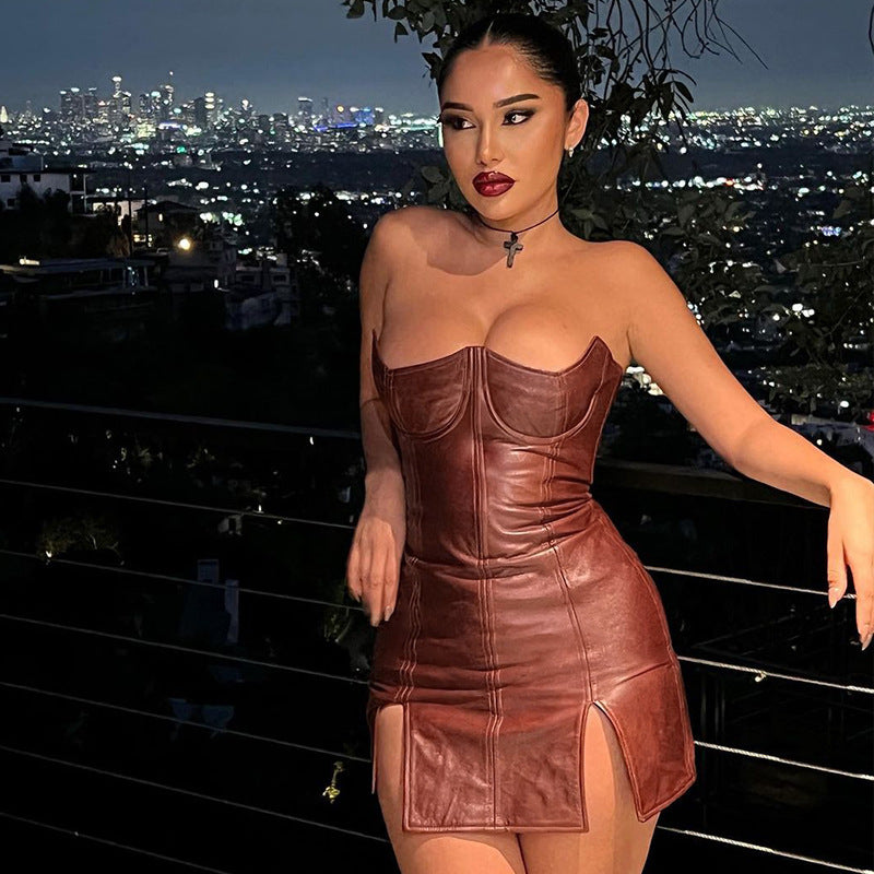 Strapless tight fitting hip hugging sleeveless backless dress