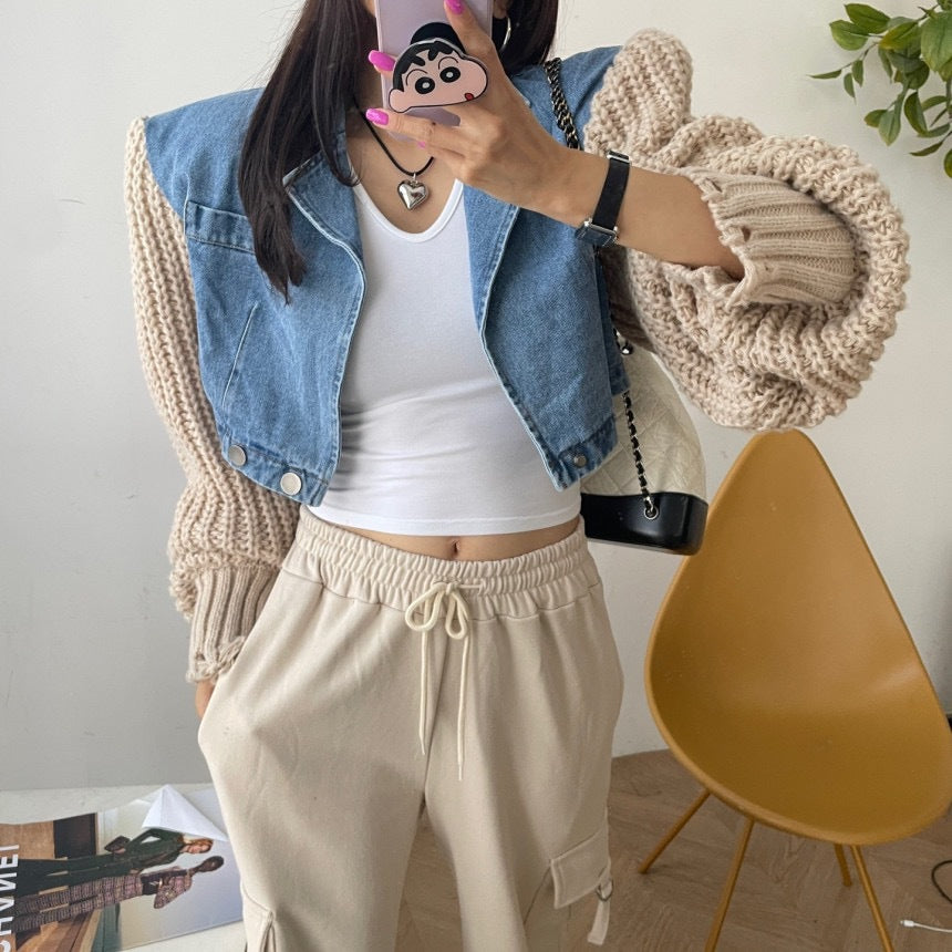 Autumn design sense splicing knitted sleeves loose niche casual jacket short denim jacket