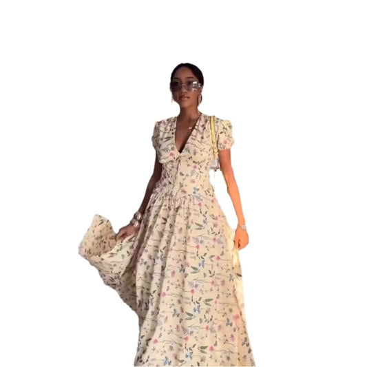 Elegant Noble Style Printed V-neck Tied Short Sleeve Flared Dress