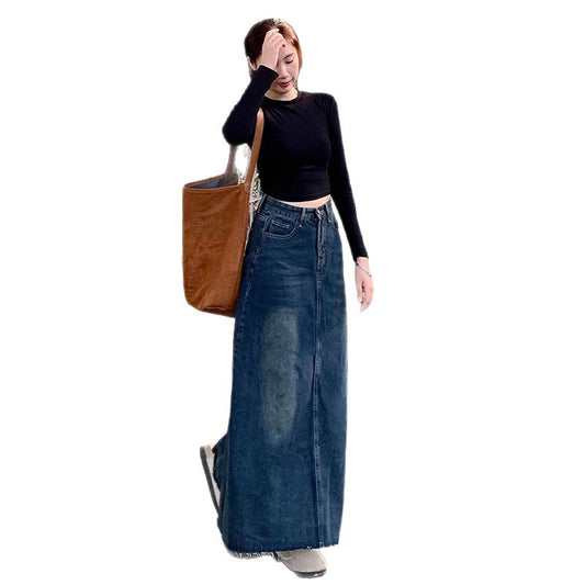 High-Waisted Frayed Denim Skirt Women's Casual A-Line Midi Denim Skirt